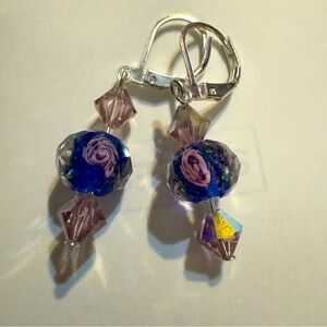 New Hand Crafted Royal Blue & Pink Floral Lampworked Glass & Crystal Earrings